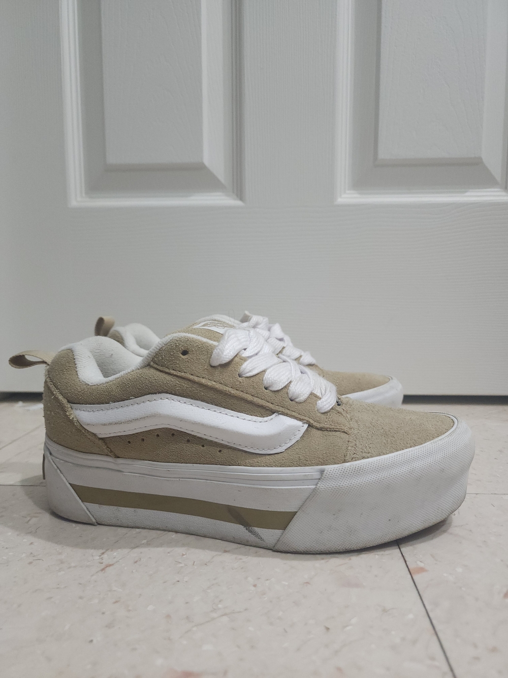Vans Beige Suede Platform Sneakers with White Stripe